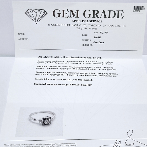 Blue & White Diamonds 10K Gold Princess Ring Certificate - Picture 11 of 15